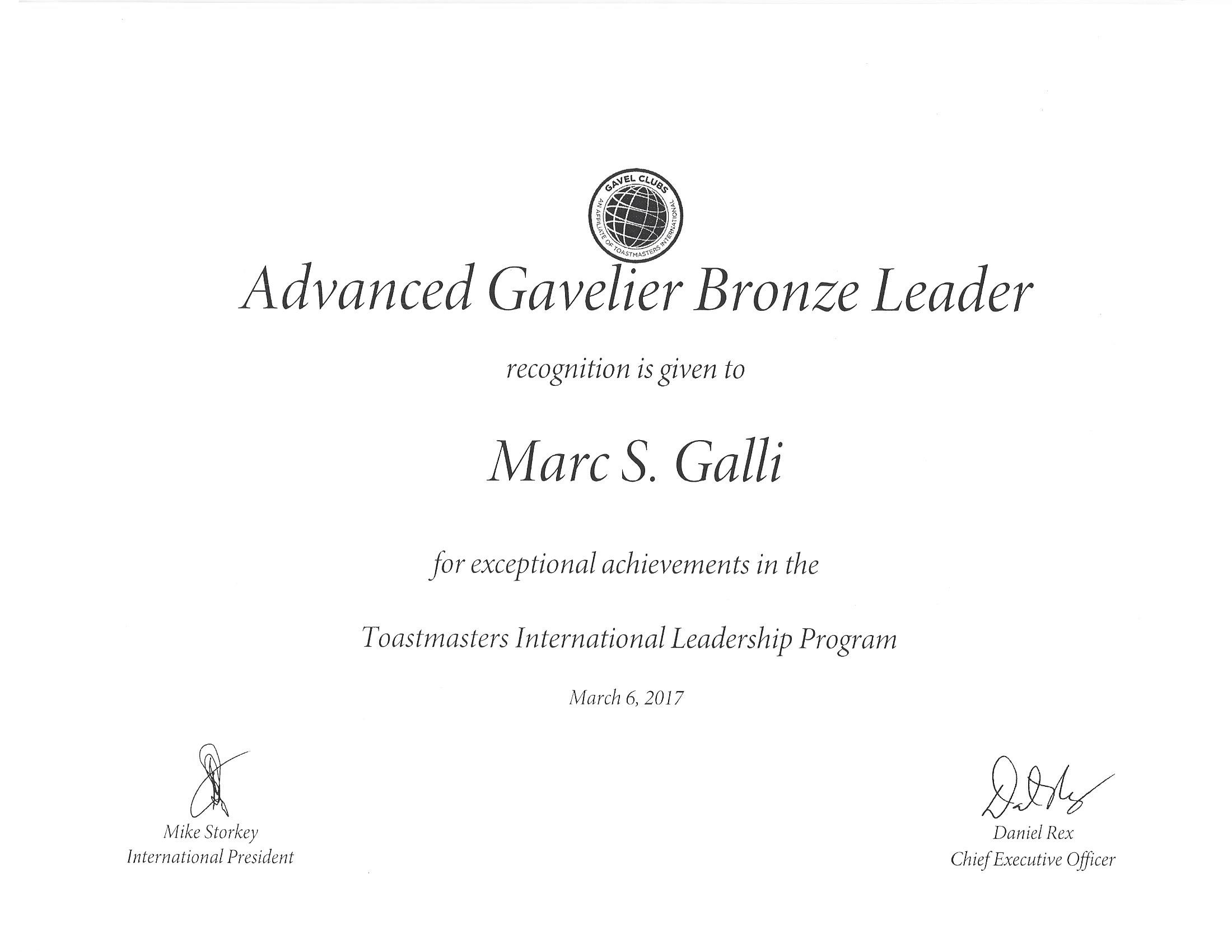 Marc Galli, Toastmasters International, ALB, Advanced Leader Bronze